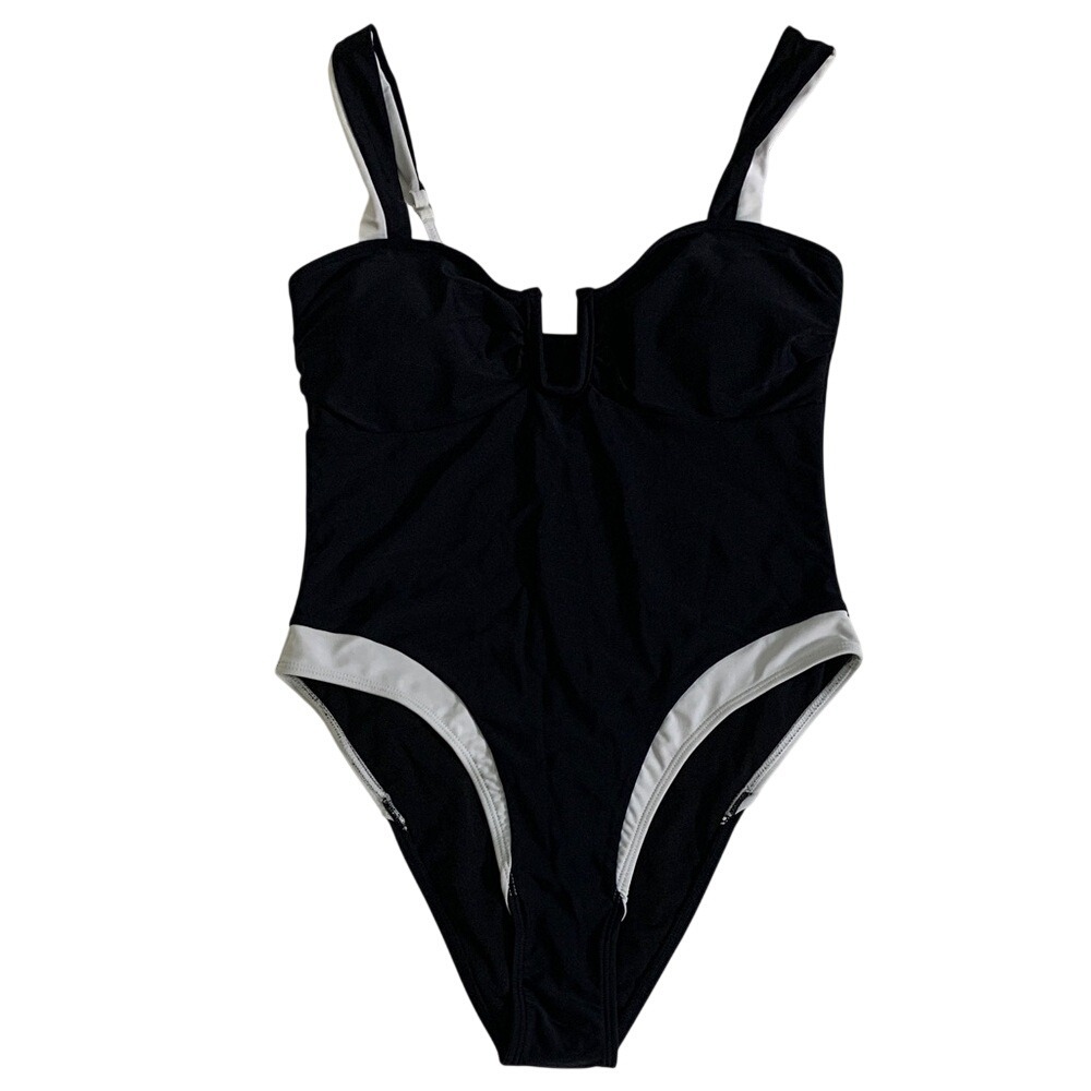 Unbranded One Piece Swimsuit Women M Black White Colorblock High Cut Notch Neck‎